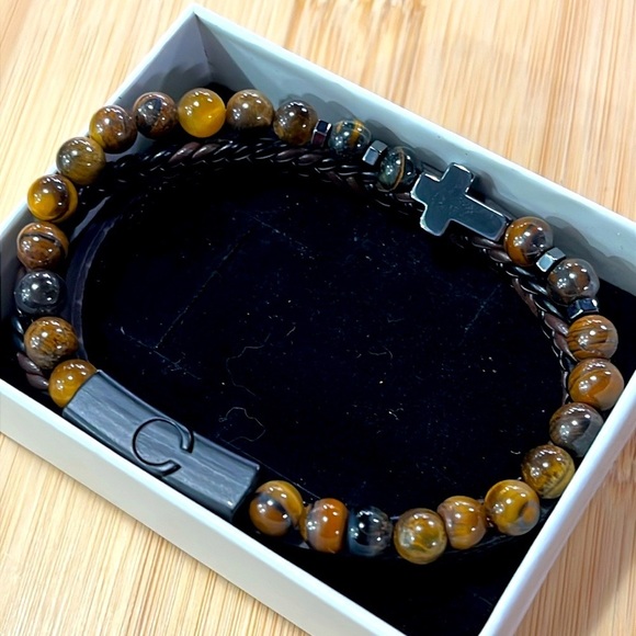 Brand New Men's Beaded Braided Leather Metal Cross Bracelet Magnetic Clasp - Picture 3 of 15